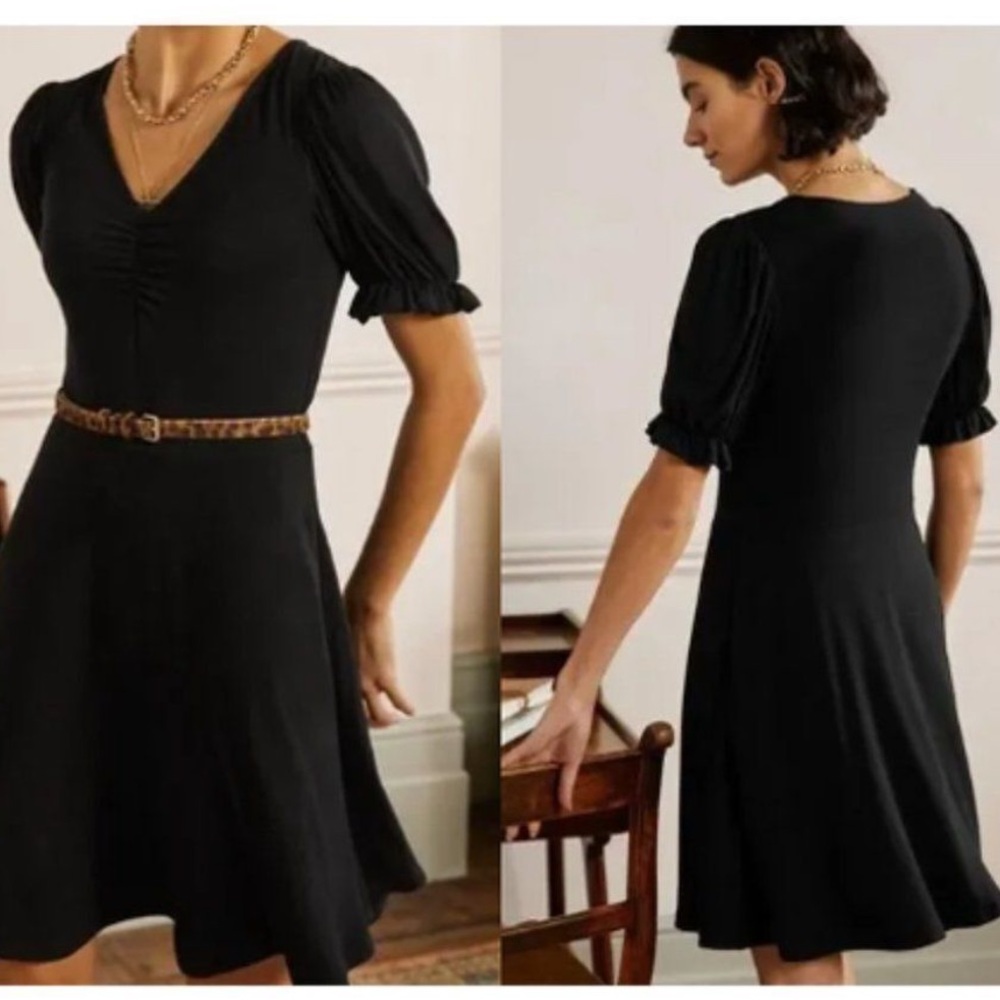 Boden V-Neck Black Classic Comfy Jersey Dress, Puff Sleeves, w/Pockets - Picture 3 of 7
